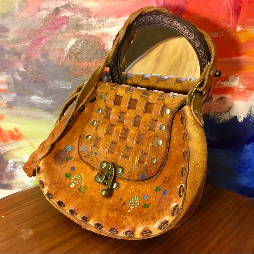 Vintage Leather Crossbody Satchel Bag, Boho